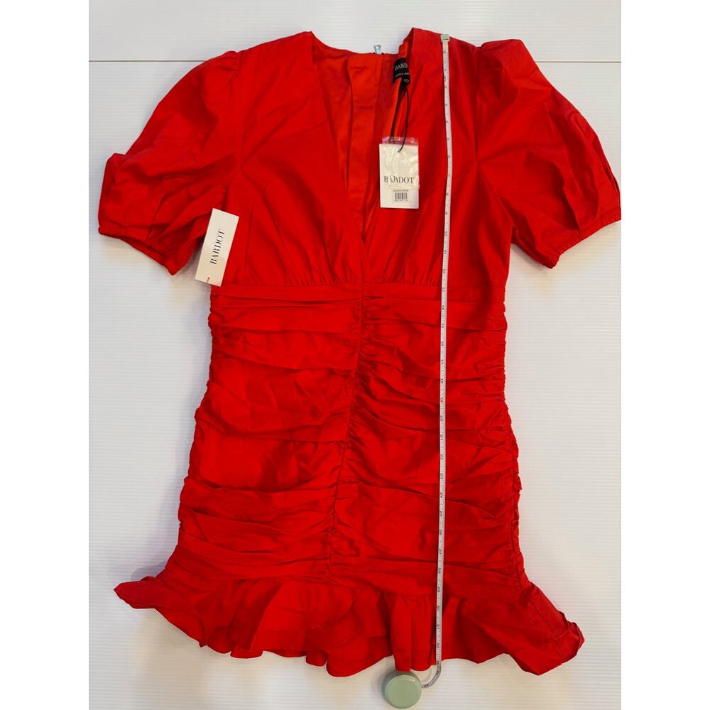 Bardot The Amie Red Ruched Mini Dress Puff Sleeve Ruffle Hem NWT L 10 Cotton - Picture 10 of 16